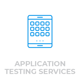 A blue icon of a tablet with a grid of squares on the screen, representing an application. Below the icon, in gray text, it says "APPLICATION TESTING SERVICES." The background is white.