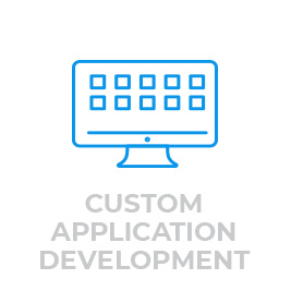 An icon of a computer monitor with a blue outline displaying a grid pattern and a line, representing an application interface. Below the icon, the text "CUSTOM APPLICATION DEVELOPMENT" is written in gray capital letters.