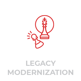 A red outline of a chess bishop and king is depicted, with lines near the bishop suggesting action or movement. Below the chess pieces, the words "LEGACY MODERNIZATION" are written in gray capital letters. The image has a white background.