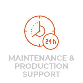 An orange clock icon is shown with "24 h" beside it, representing continuous service. Below the icon, the text reads "MAINTENANCE & PRODUCTION SUPPORT" in gray capital letters. The overall design suggests round-the-clock support services.