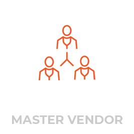 An orange line drawing of three people connected by lines in a hierarchical structure. The top person links to the two people below. The text "MASTER VENDOR" is written in gray capital letters below the image. The background is white.