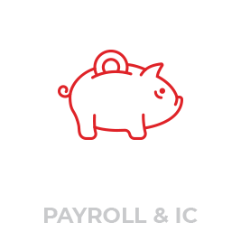 A red outline of a piggy bank with a coin slot on its back is above the text "PAYROLL & IC" in gray capital letters. The piggy bank has a curly tail and appears to be smiling.