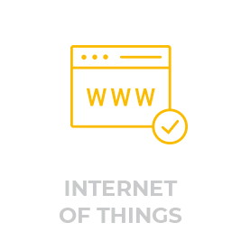 A yellow outline of a web browser with the letters "WWW" inside it and a checkmark in a circle on the right, overlaid above the text "Internet of Things" written in gray font.