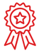 A red outline of a ribbon award with a star in the center of the circular top part. The ribbon has jagged edges and two tails hanging down.