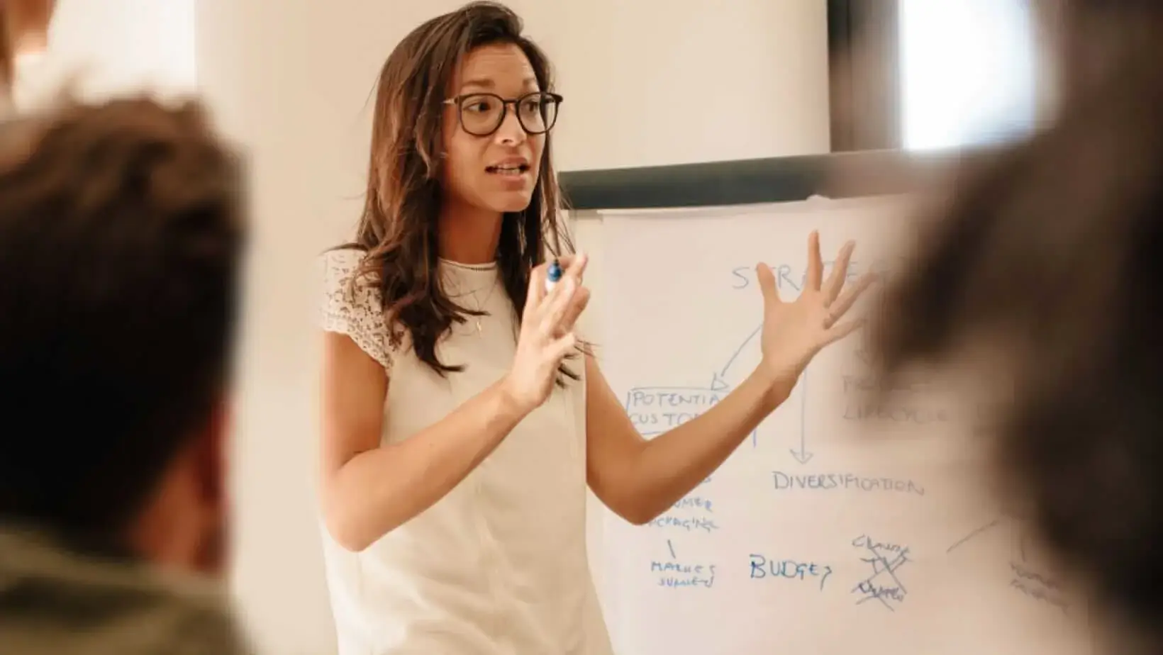 Women explaining the characteristics of a great leader with a whiteboard.