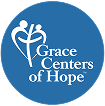 Logo of Grace Centers of Hope featuring two abstract figures forming a heart shape on a blue background, representing compassion, care, and community support.