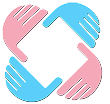 Logo with four stylized hands in pink and blue forming a square around a blank white space, symbolizing collaboration, unity, and mutual support.