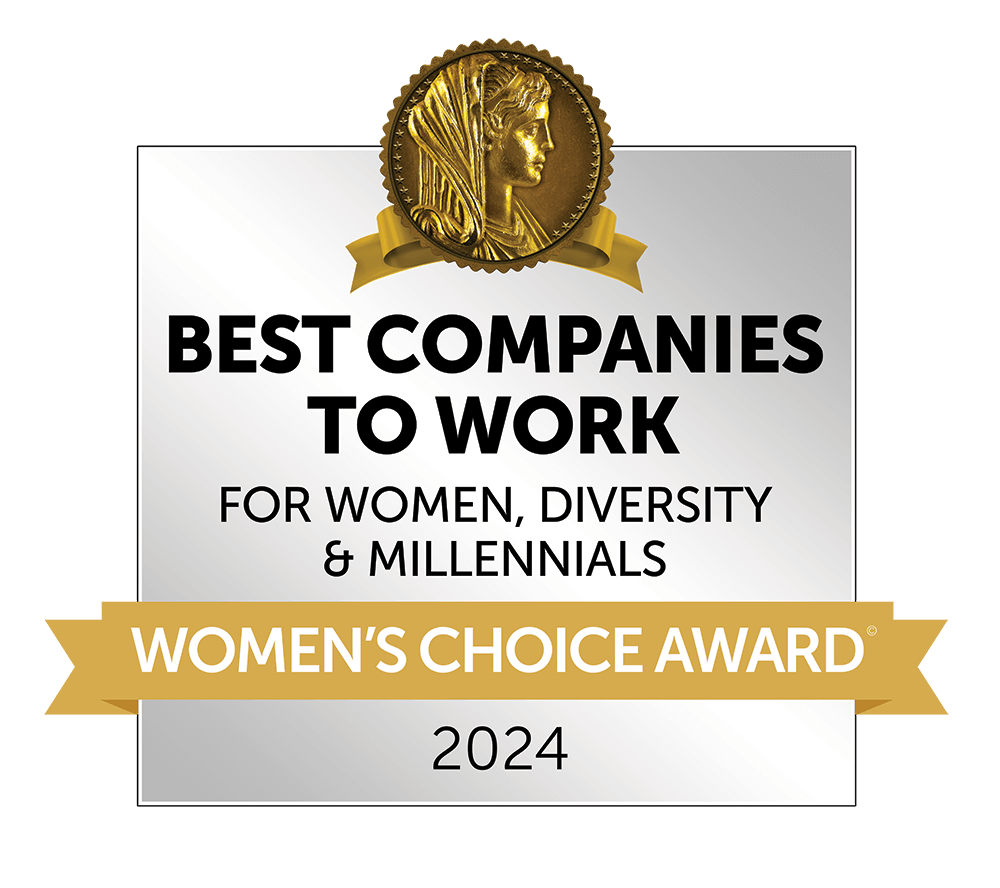 Award logo displaying "Best Companies to Work for Women, Diversity & Millennials, Women's Choice Award 2024" with a gold medal design.