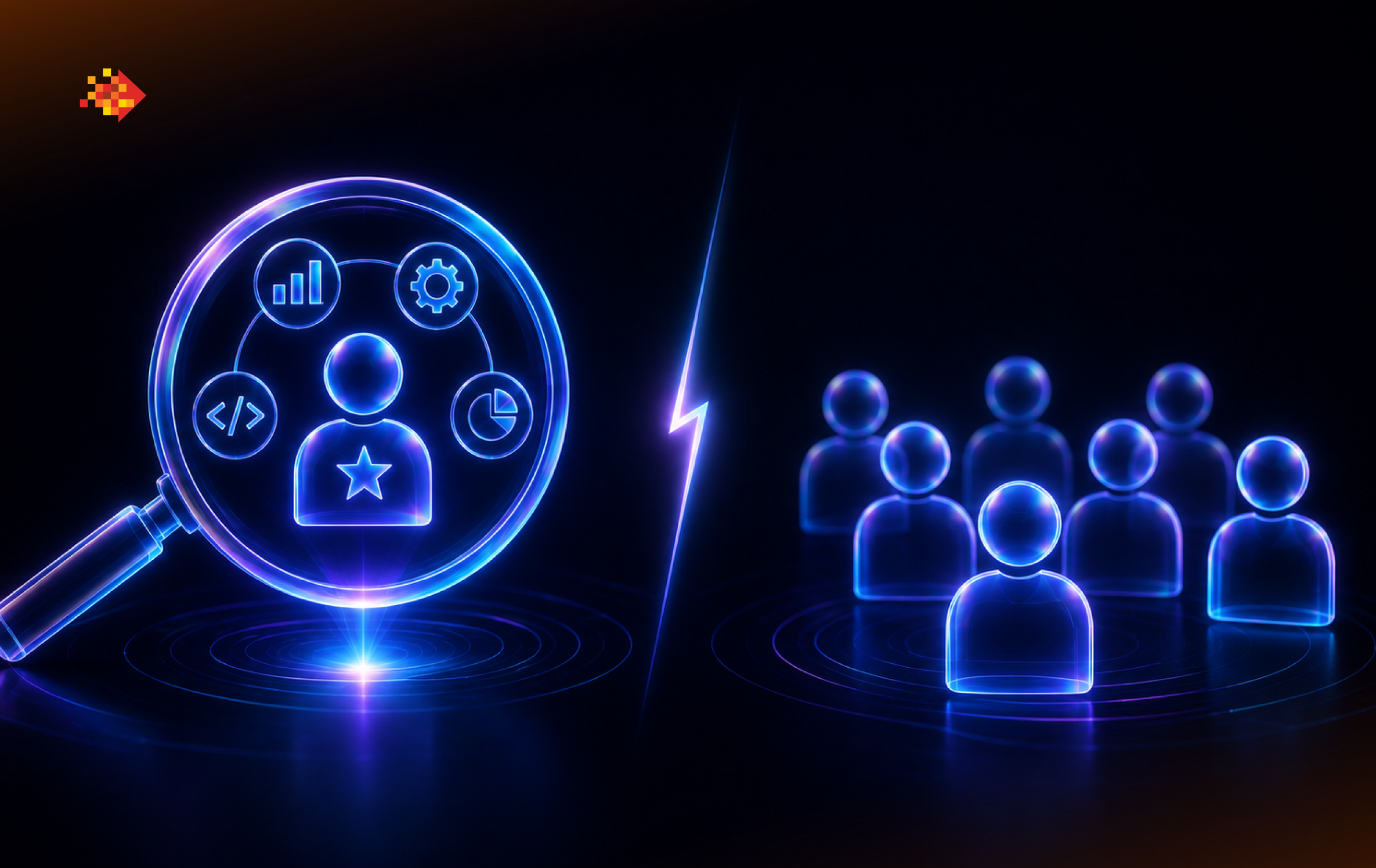 Comparación visual entre staffing especializado, representado por una lupa con ícono de talento destacado, y staffing generalista, representado por un grupo de personas