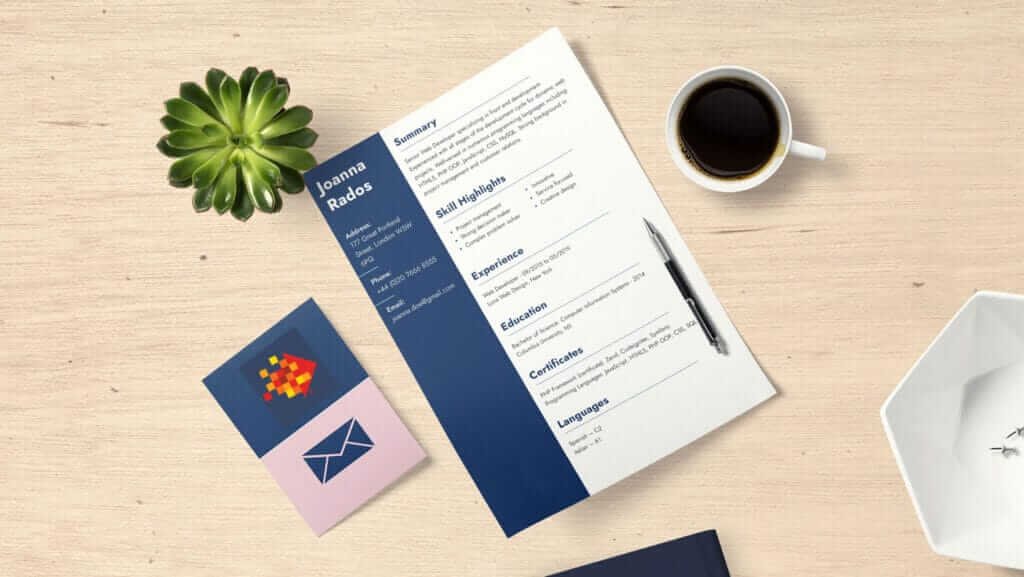 A resume on a wooden desk with personal and professional details, next to a pen, a cup of coffee, a succulent plant, business cards, and an empty white angular dish. The resume features sections for summary, skills, experience, education, certifications, and languages prominently showcasing inspirational women.