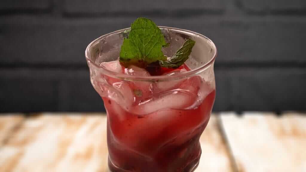 A close-up shot of a vibrant red cocktail in a distorted glass, filled with ice and garnished with two fresh mint leaves. The drink, exuding leader characteristics in its presentation, is set against a blurred, dark gray brick background.