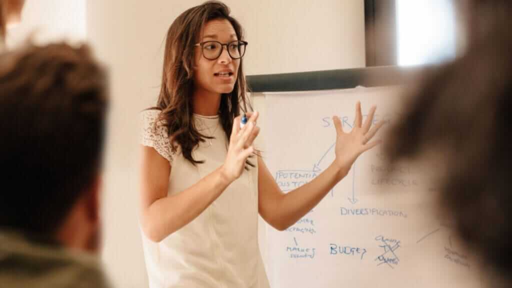 A woman wearing glasses and a white top is giving a presentation, exhibiting strong leader characteristics. She is gesturing with her hands while standing in front of a flip chart with diagrams and notes. Several people are seated and facing her, listening attentively.