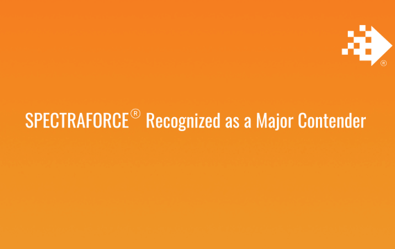 Orange gradient background with white text that reads: "SPECTRAFORCE® Recognized as a Major Contender in Everest Group's PEAK Matrix®." A pixelated arrow logo pointing right is in the top right corner.