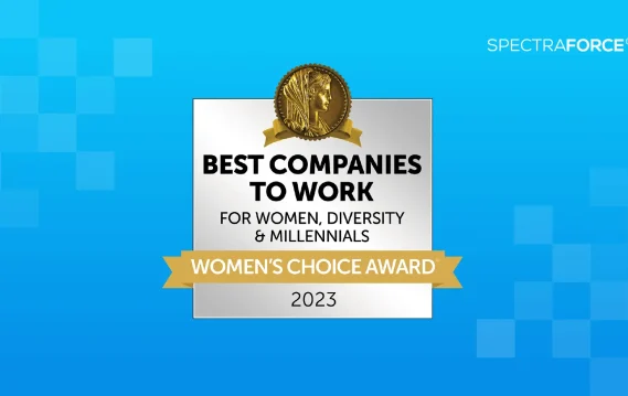 Award certificate with gold seal recognizing SPECTRAFORCE as one of the best companies for women, diversity, and millennials in 2023.